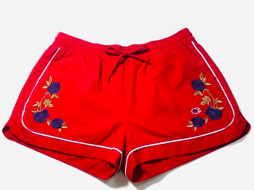 Champion Women's Red Shorts with Blue Embroidered Flowers XXL NWT